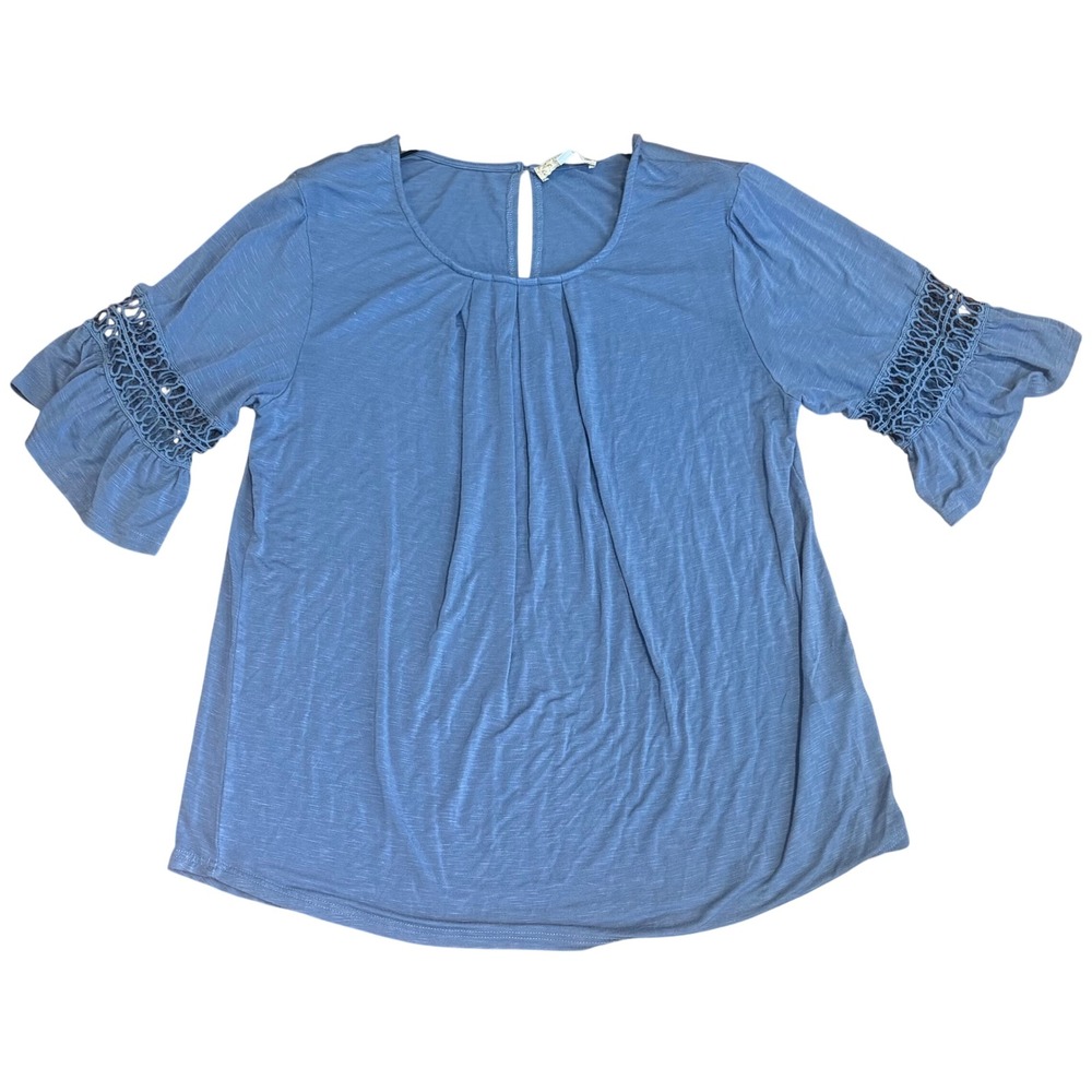 Weekend Suzanne Betro Women's Crochet Bell Sleeve Blue Pleated Blouse size XL